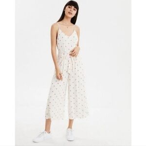 American Eagle Cream Polka Dot Wide Leg Jumpsuit Sz 6